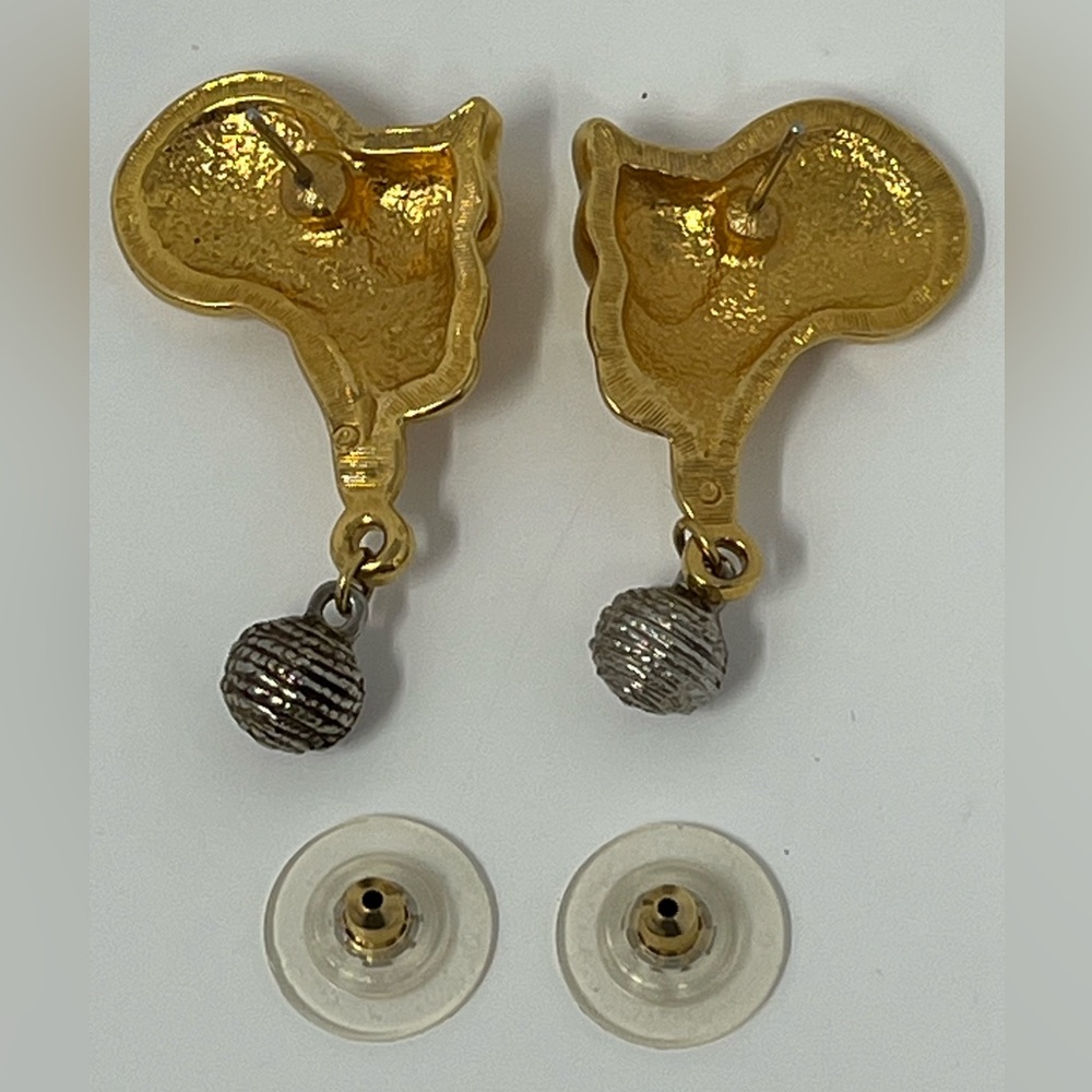 Gold Tone Cat Earrings with Silver Tone Accents - Picture 4 of 7